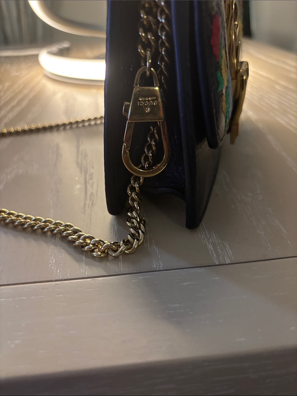 Gucci Black Leather Floral Embroidered with original Gucci Chain mini - Picture 2 of 7